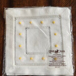 6 (6"x6") White Hemstitch Linen Cocktail Napkins with Embroidered Yellow Dots